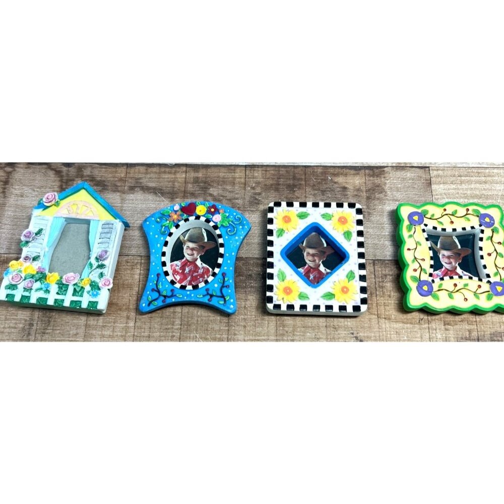 Set Of 4 Hand-Painted Miniature Magnetic Photo Frames With Floral